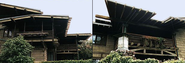 Gamble House design incorporated two large eucalyptus trees (since removed) into the planning of the rear terrace, with structural cut-outs in the roof. The rear terrace curves, and the transition from structure to ground is accomplished through walls of clinker brick mixed with granite boulders. 